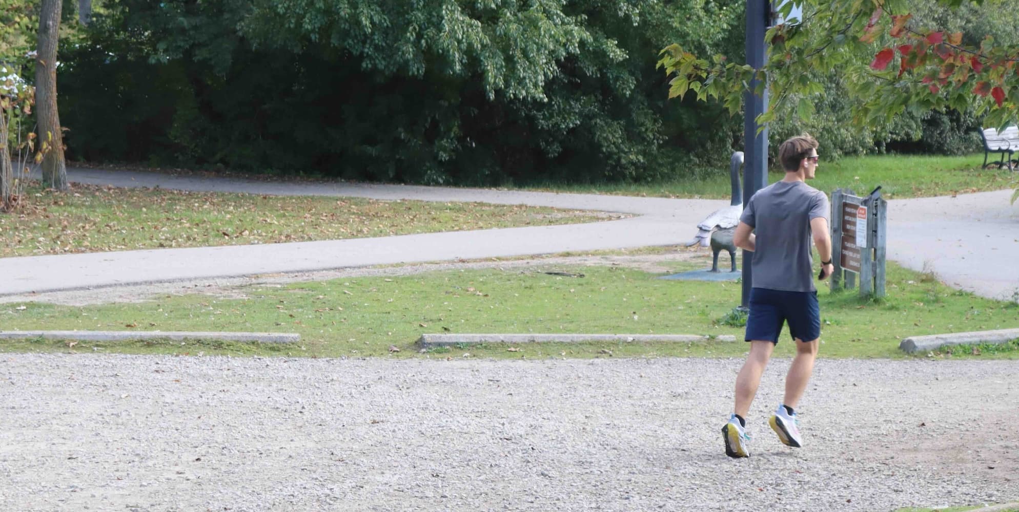 A long distance marathon runner, jogging in a park.